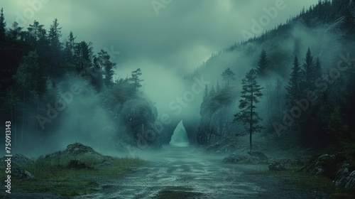 a dirt road in the middle of a forest with fog in the air and trees on both sides of the road.