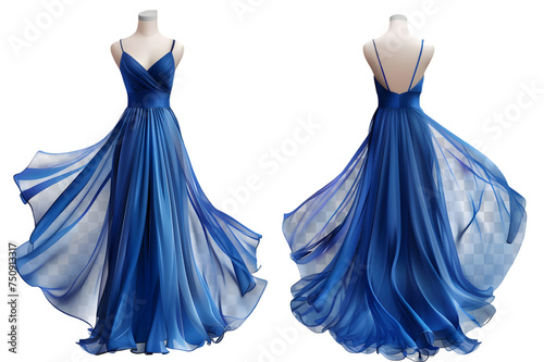 Front and back view of a royal blue maxi dress template. Elegant and sleeveless, mockups for design and print, isolated on a white or transparent background. 