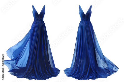 Front and back view of a royal blue maxi dress template. Elegant and sleeveless, mockups for design and print, isolated on a white or transparent background. 