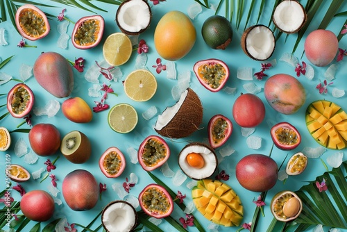 Delight in the vibrancy of juicy tropical fruits like coconut, passion fruit, and mango meticulously arranged in a knolling flatlay photo, boasting bright pastel colors for a refreshing visual feast photo