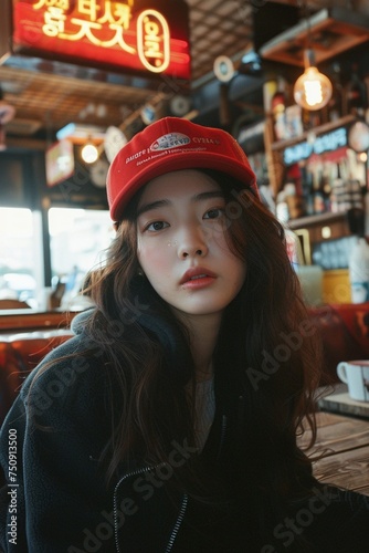 Korean football league pub as a young woman, with her unique fashion style, fervently supports her team, adding a dash of individuality to the lively ambiance