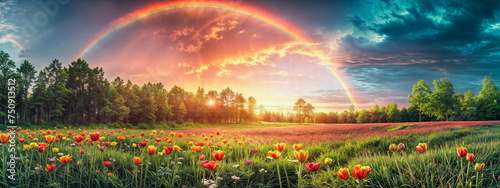 Panoramic view of a vibrant rainbow arching over a colorful field of flowers during a picturesque sunset