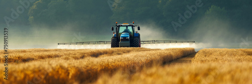 Tractor spraying pesticides on a golden wheat field. Agriculture machinery in action concept. Aerial perspective of farming and food production with copy space.