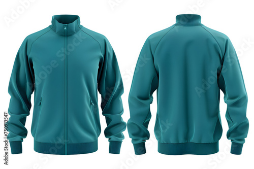 Front and back view of a teal track jacket template. With zip front and side pockets, mockups for design and print, isolated on a white or transparent background. 