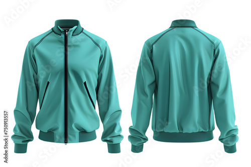 Front and back view of a teal track jacket template. With zip front and side pockets, mockups for design and print, isolated on a white or transparent background. 