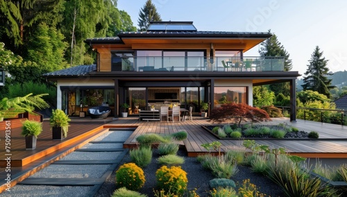 beautiful home with extensive landscaping and decks Generative AI © SKIMP Art