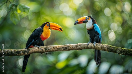 Two colorful toucans sitting on a branch, surrounded by rich green foliage