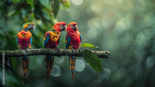 Trio of scarlet macaws on branch in rainforest photo