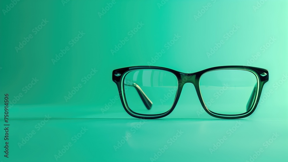 Sleek black eyeglasses resting on a vivid green backdrop Sleek black eyeglasses resting on a vivid green backdrop