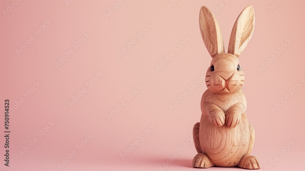 Obraz premium Wooden bunny figurine on a soft pink background with shadow