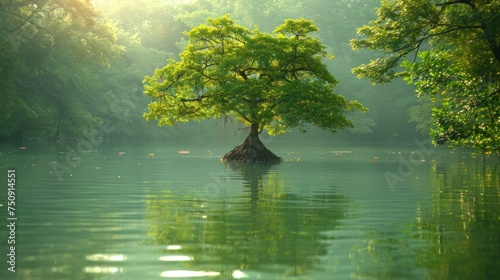 a tree sitting in the middle of a body of water with a sun shining through the trees on the other side of the water.