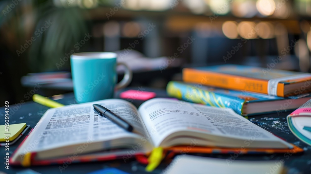 A study table scattered with books, a cup, and stationary, evoking a learning atmosphere A study table scattered with books, a cup, and stationary, evoking a learning atmosphere