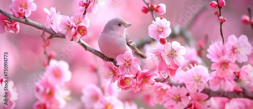 a bird sitting on a branch of a tree with pink flowers in the foreground and a blurry background.