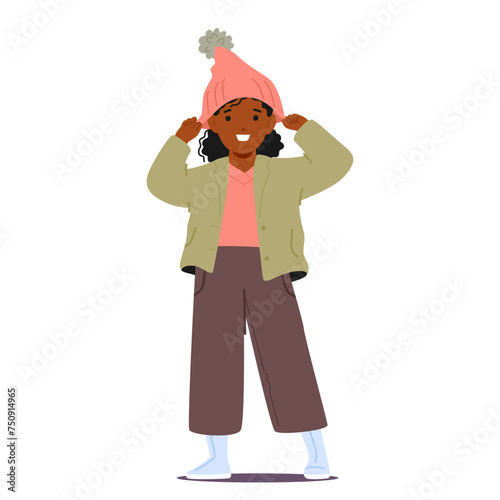 Little Black Girl Places Knit Pink Winter Hat Over Her Curls, Her Eyes Sparkling With Joy Under The Snug, Warm Brim
