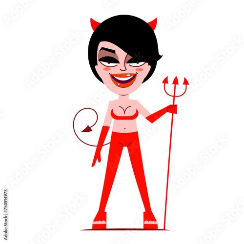 Sexy vintage pinup she devil girl temptress in erotic red latex outfit with pitchfork and demon wings