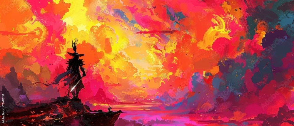 a painting of a boat on a body of water in front of an orange, pink, and yellow sky.
