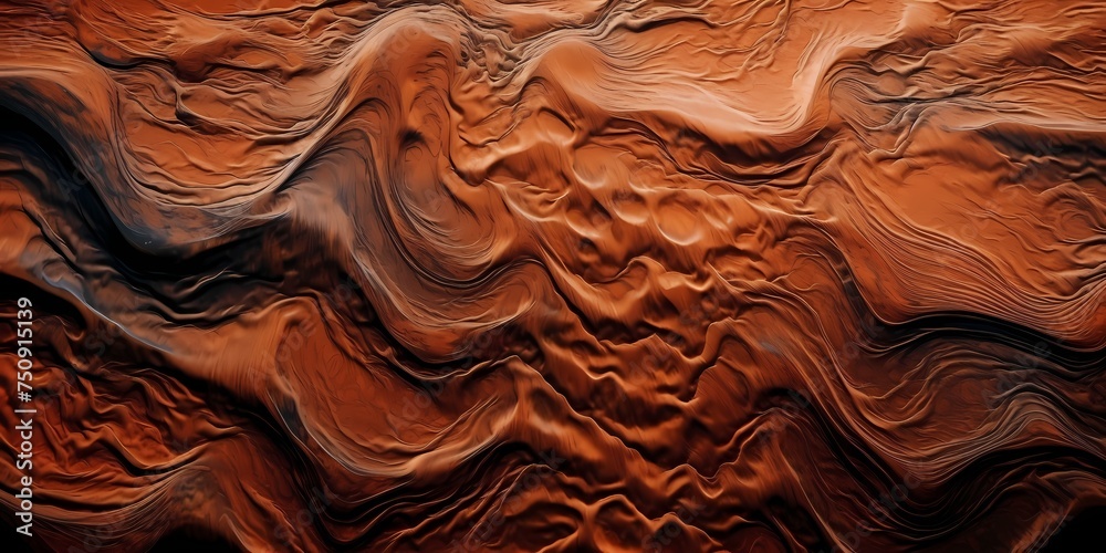 A close-up view reveals the intricate textures and patterns formed by the swirling currents of molten copper and molasses hues. - obrazy, fototapety, plakaty 