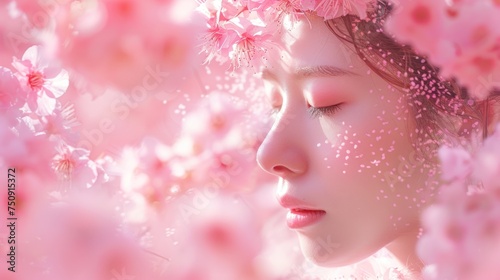 a woman with pink flowers on her head and her eyes closed, with her eyes closed, in front of a background of pink flowers.