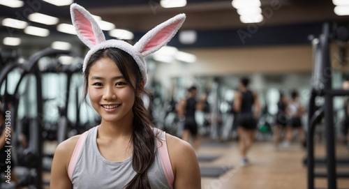 A beautiful, female fitness trainer wearing easter bunny ears in front of exercise area. Generative AI.	 photo