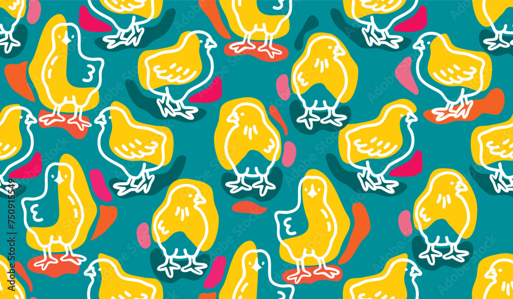 Modern seamless pattern with outline of chicks white color and abstract colorful spots.Vector animal background or texture for printing on fabric and paper.Nursery wall decor,banner template,cover. Modern seamless pattern with outline of chicks white color and abstract colorful spots.Vector animal background or texture for printing on fabric and paper.Nursery wall decor,banner template,cover.