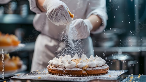 Chef cooking desserts in professional kitchen. Chef cook in a professional kitchen cooking cakes. Close up a cakes sprinkled with icing sugar.