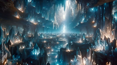 Mystical crystal cave with luminous formations and ethereal blue light photo