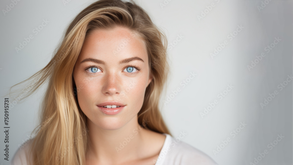 Portrait of young smiling natural blonde woman, over gray background with copy space