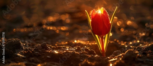 a close up of a single flower in a field of dirt with the sun shining on the ground behind it. photo