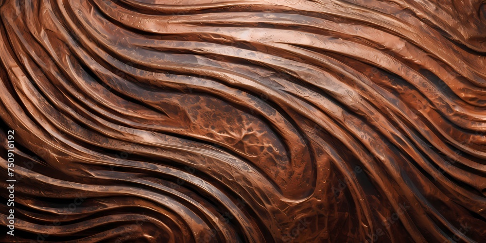 A close-up view reveals the intricate textures and patterns formed by the swirling currents of molten copper and molasses hues. A close-up view reveals the intricate textures and patterns formed by the swirling currents of molten copper and molasses hues.