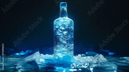 A frosty bottle of vodka emerges from the freezer, its icy exterior glistening under neon lights against a sleek black background, promising a refreshing chill. photo