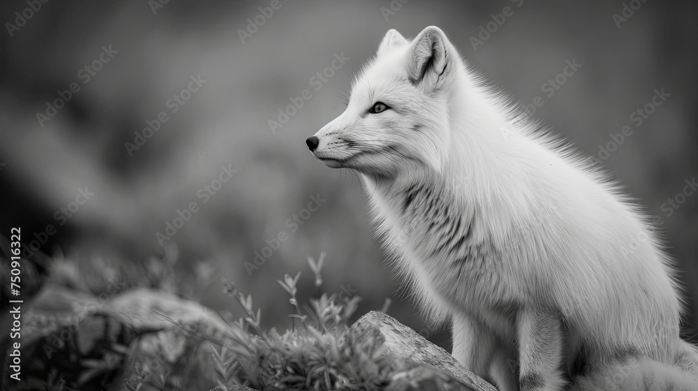 Close-up of fox face with white fluffy fur. Animal in habitat in monochrome style. Illustration for cover, card, interior design, brochure or presentation. Close-up of fox face with white fluffy fur. Animal in habitat in monochrome style. Illustration for cover, card, interior design, brochure or presentation.