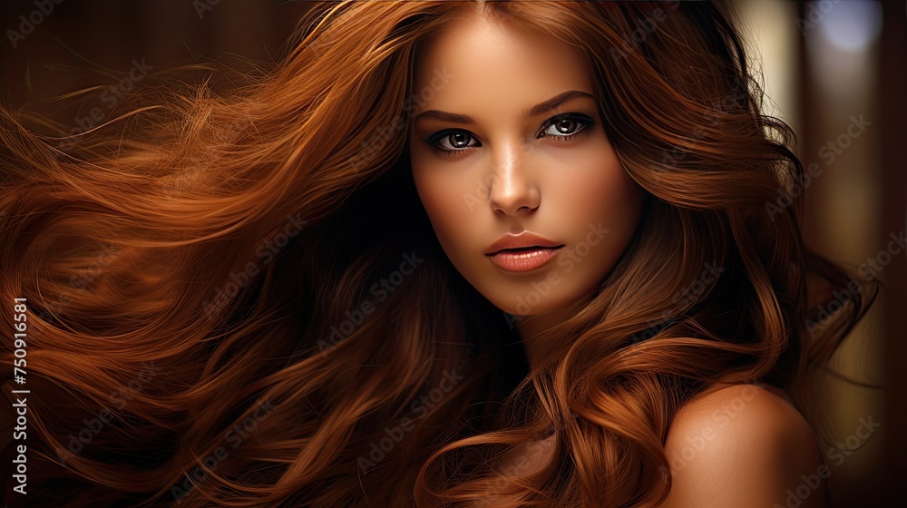 Beautiful female face with powerful silky hair and chic hairstyle done in a beauty salon. Perfect image of a beautiful red-haired woman with developing hair. Illustration for beauty magazine. Beautiful female face with powerful silky hair and chic hairstyle done in a beauty salon. Perfect image of a beautiful red-haired woman with developing hair. Illustration for beauty magazine.