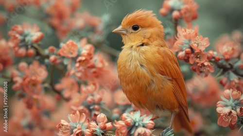 a close up of a small bird on a branch of a tree with flowers in the foreground and a blurry background. photo