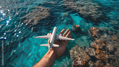 Vacation and air travel idea holding model airplane in hand over blue sea