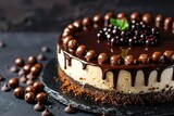 Decadent Indulgence: Rich Cheesecake Adorned with Glossy Chocolate Balls, Set Against Darkly Tempting Background
