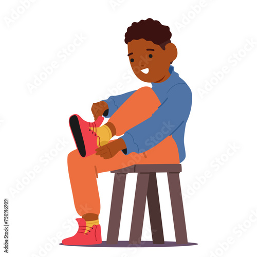 Little Black Boy Character, Perched On A Chair, Diligently Puts On His Shoes, Fingers Fumbling With Laces photo