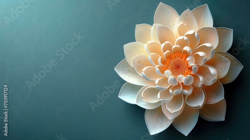 a close up of a white flower on a blue background with a white center and a yellow center on the center of the flower.