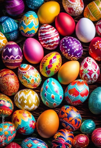 illustration, vibrant close shots multicolored easter eggs decorated various patterns festive celebration, colorful, bright, holiday, tradition, spring, artistic