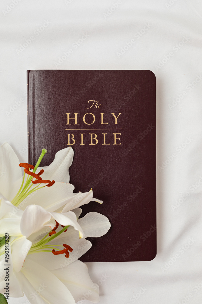 A symbolic Christian composition with Holy Bible lies beside a fresh white lily on a white fabric background as traditional Easter symbols. A symbolic Christian composition with Holy Bible lies beside a fresh white lily on a white fabric background as traditional Easter symbols.