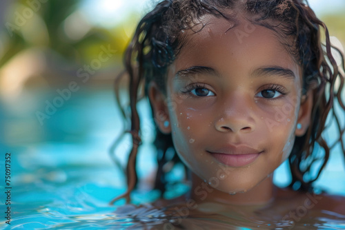 African child girl swim on tropical sea against the background of palm trees.