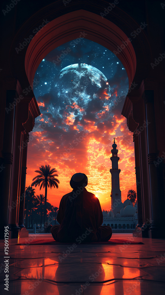 Silhouette of people celebrating, postcard islamic holiday banner suitable for Ramadan, Raya Hari, Eid al-Adha and Mawlid against the background of the crescent moon of the holy nose and mosque.