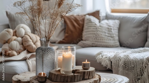 Cozy and stylish living room interior. Couch with decorative cushions in pastel neutral colors and wooden table with candles  vase with dry plants and natural decorations