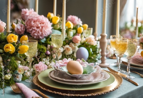 illustration  elegant easter brunch dinner table setup spring floral pastel tableware  luncheon  setting  arrangement  springtime  blossoms  display  diningware