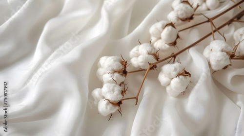 Elegant Cotton Bolls on White Fabric. Soft cotton bolls resting on delicate white cotton fabric, symbolizing natural fibers and purity. © Ziyan