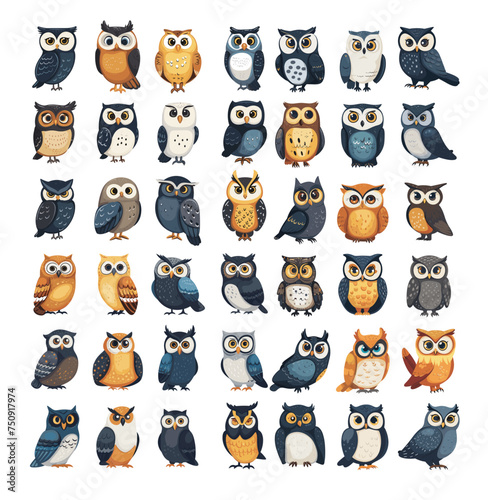 Owls cartoon style big bundle. Cute birds, night predators, winged hunters with big eyes, funny animals, forest creatures, vector illustration isolated on white background