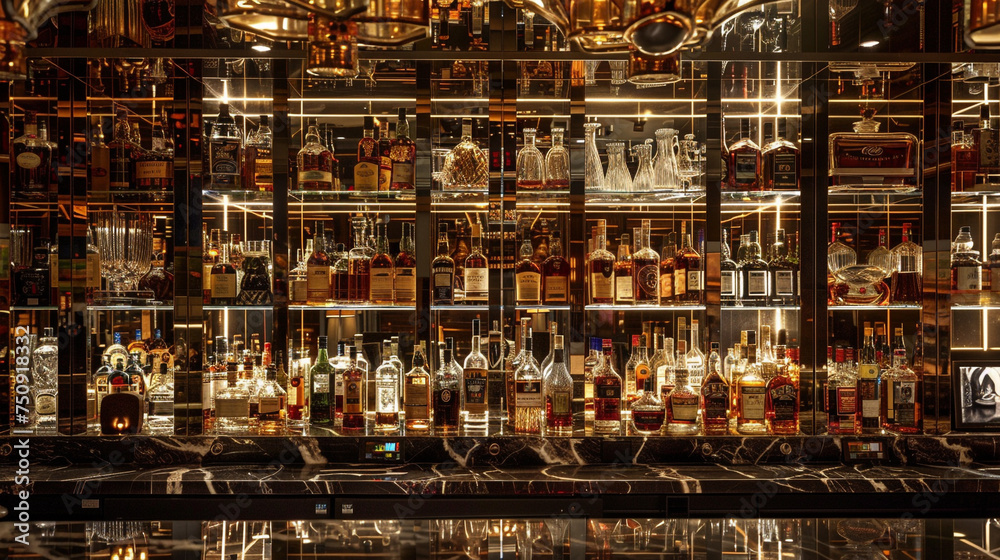A sophisticated bar with a mirrored backdrop showcases an impressive collection of top-shelf spirits.