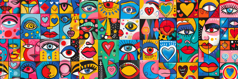 Pop art posters with symbols of love. Bright stylized retro picturesque cards, with eyes, heart, nose, makeup, look elements. Vibrant vector set