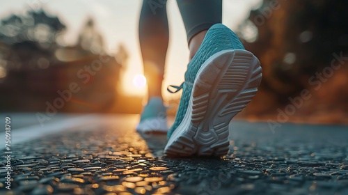 sport runner feet running on sunset lake closeup on shoe. AI generated illustration photo