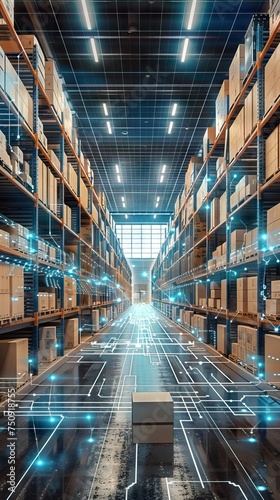 modern technology enabled distribution center full of carton boxes. AI generated illustration