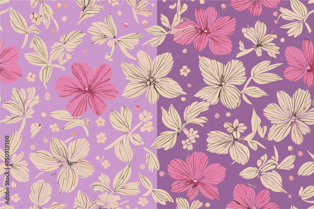 Vector floral seamless pattern with 
pink and yellow flowers
 on a lilac background.